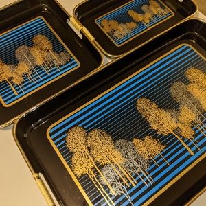 Vintage Set of 3 Japanese Lacquerware Gold And Silver Treescape Pattern Nesting